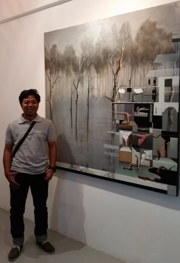 Heri Purwanto with Floating Land; Now and Tomorrow #3 2014 Acrylic, pencil and marker on canvas 125cm x 145cm